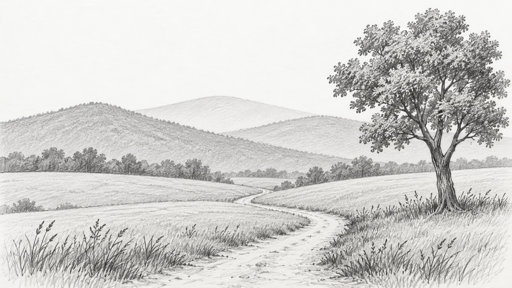 远山、蜿蜒小路和近处树木组成的铅笔风景参考画