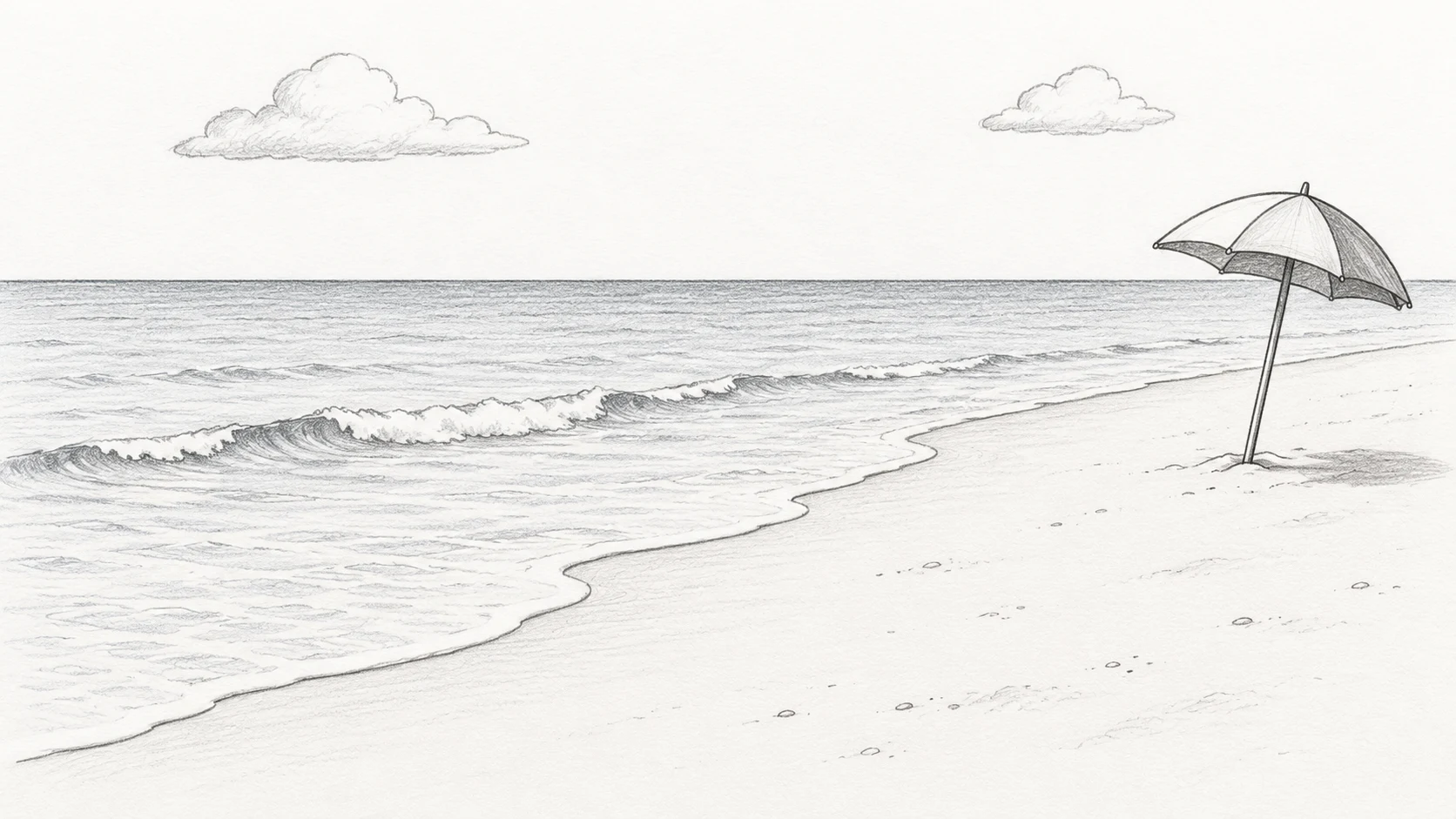 Simple pencil beach scene with a curved shoreline, ocean horizon and small umbrella
