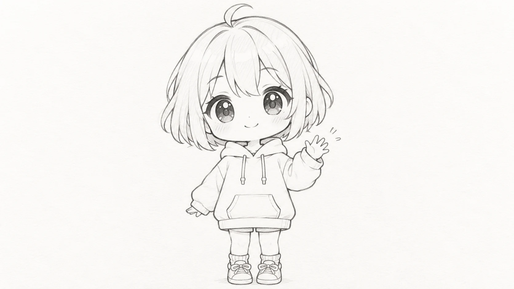穿宽松卫衣、抬起小手打招呼的原创 Q 版人物参考画