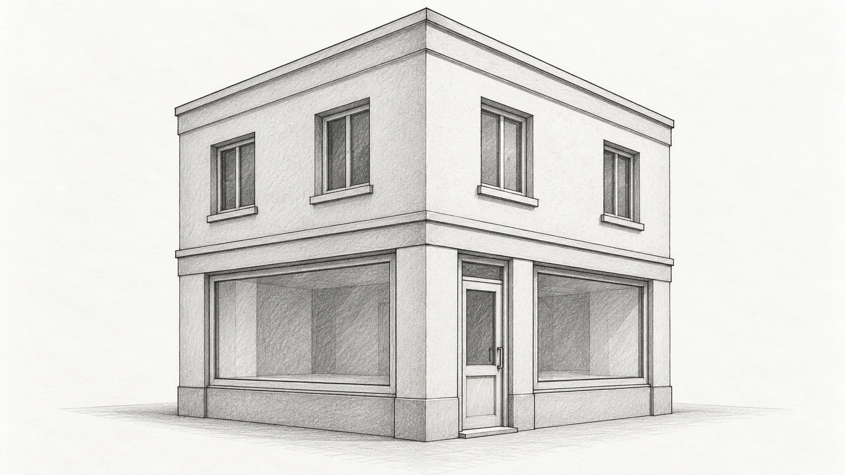 Pencil sketch of a small corner building with two visible walls, windows and a door