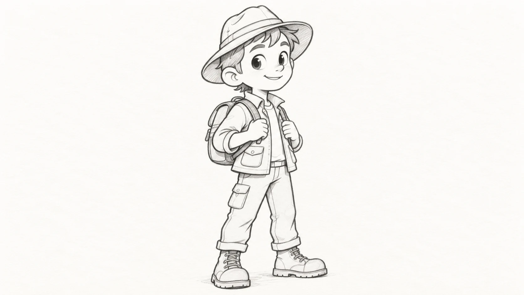 Original full-body cartoon explorer standing in boots with a jacket and backpack