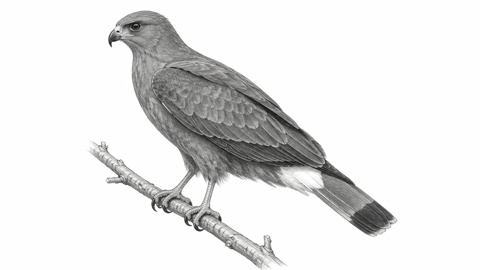 Pencil reference of an adult male snail kite perched sideways on a branch