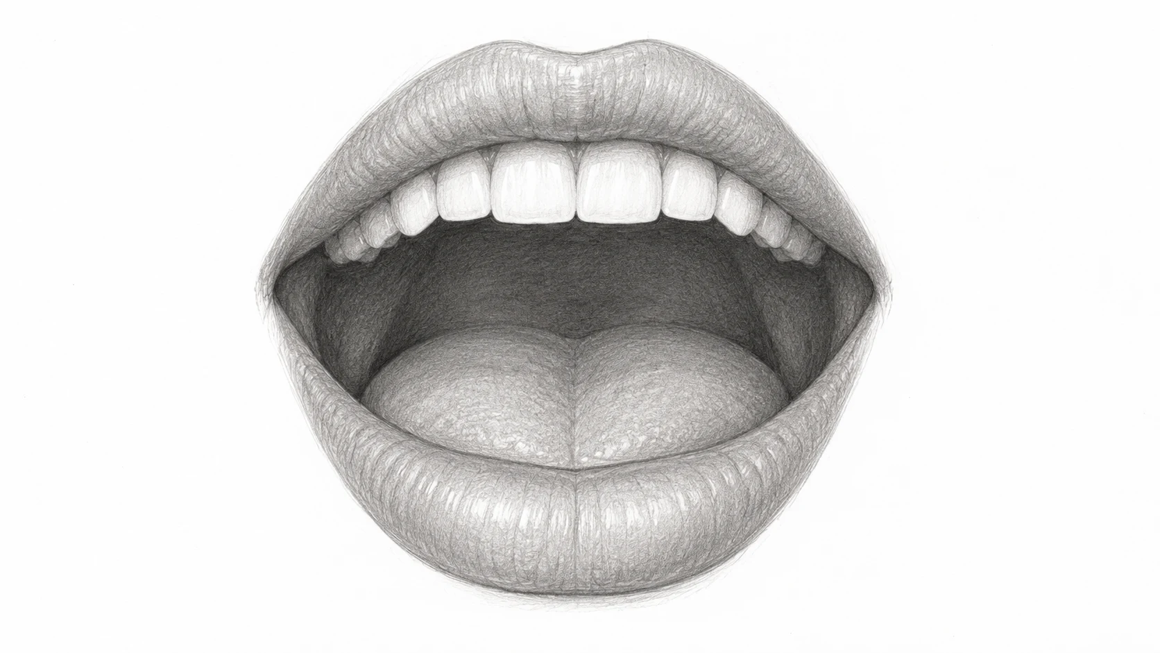 Front-view open mouth pencil study with upper teeth, tongue and softly outlined lips