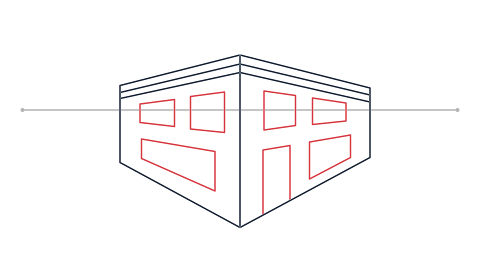 Drawing buildings tutorial: a simple two-point perspective sketch — step 5: Place doors and windows