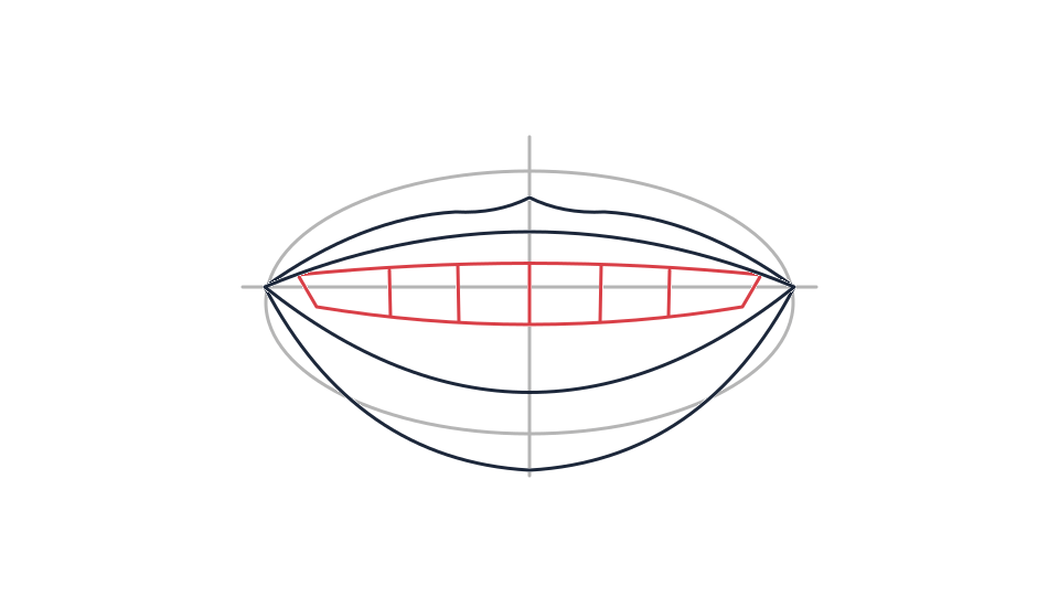 Open mouth drawing tutorial: lips, teeth and tongue in 6 steps — step 4: Place one curved tooth band