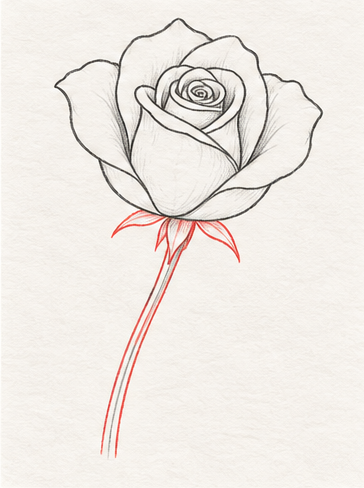 How to draw a rose, step 6: Connect the bloom to a curved stem