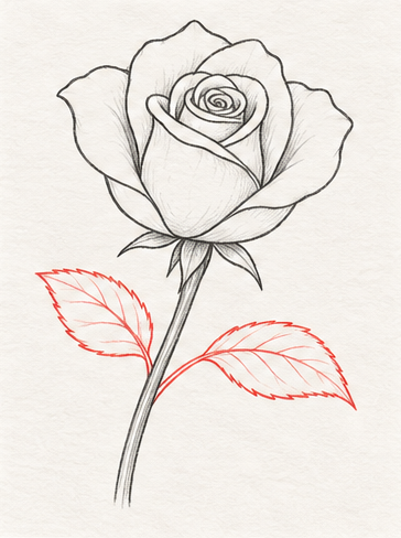 How to draw a rose, step 7: Draw the leaves and their veins